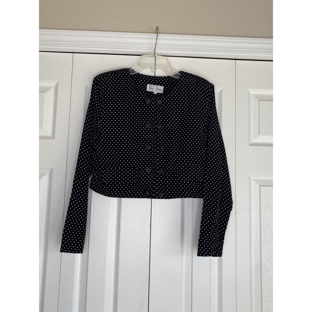 Vintage 80's Paris Blues Top Button Front Cropped Long Sleeve Polka Dot M